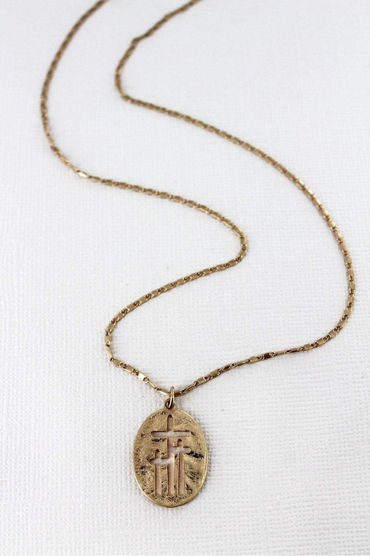 CRAVE WORN GOLDTONE CUT-OUT TRIPLE CROSS OVAL NECKLACE