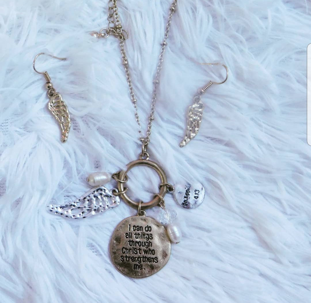 ,, I CAN DO ALL THINGS'' PENDANT NECKLACE AND EARRING SET