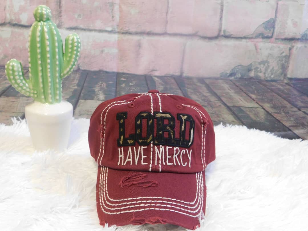 DISTRESSED BURGUNDY WITH LEOPARD 'LORD HAVE MERCY' CAP