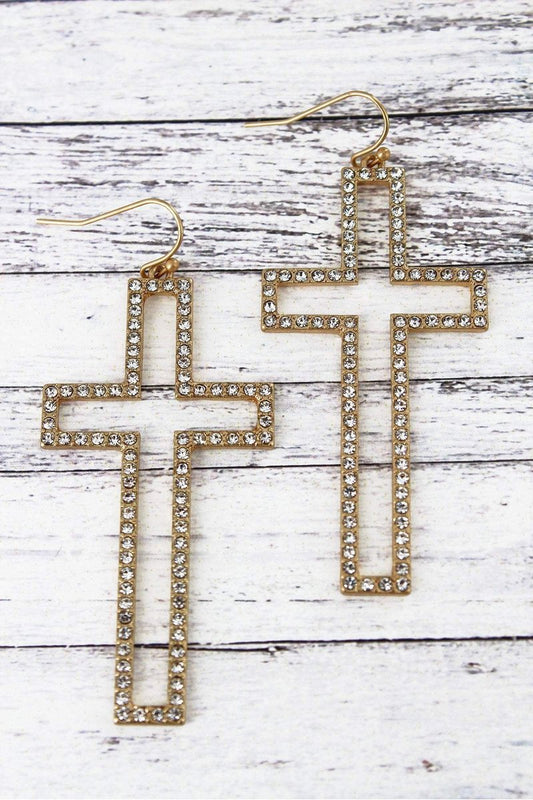 CRYSTAL PAVE WORN GOLDTONE CROSS EARRINGS