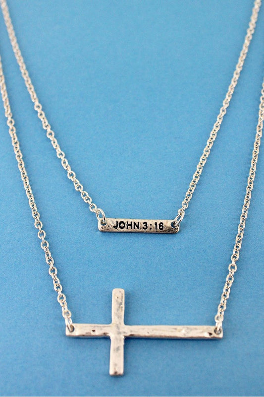 LAYERED WORN SILVERTONE 'JOHN 3:16' BAR AND CROSS NECKLACE