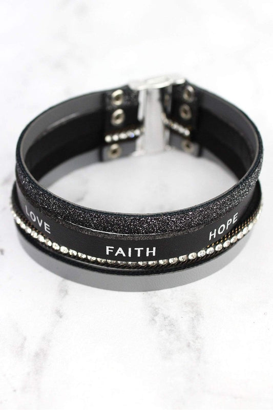 BLACK 'FAITH HOPE LOVE' MULTI-STRAND MAGNETIC BRACELET