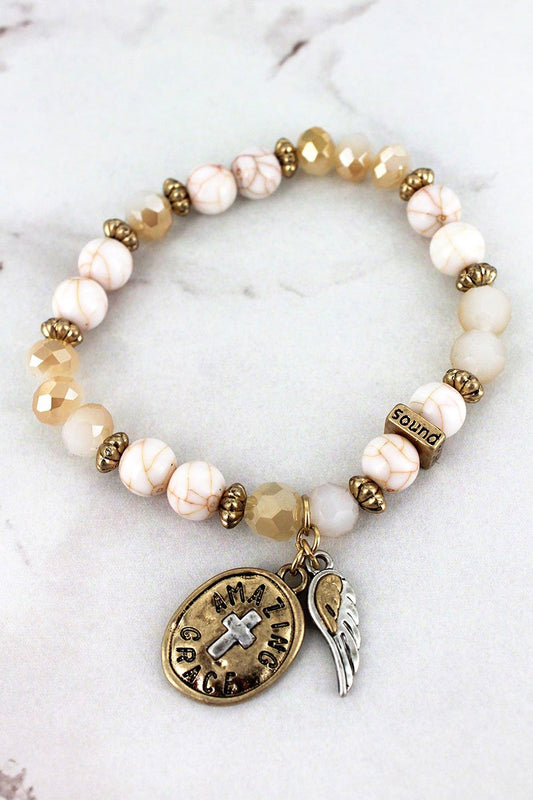 WING AND 'AMAZING GRACE' CROSS CHARM IVORY BEADED BRACELET